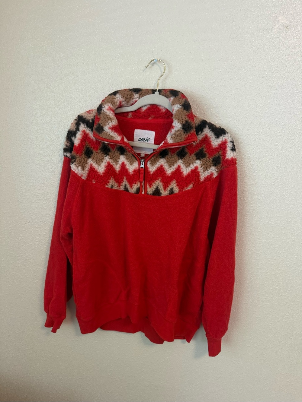Aerie Red Sherpa Quarter-Zip Pullover Sweater
